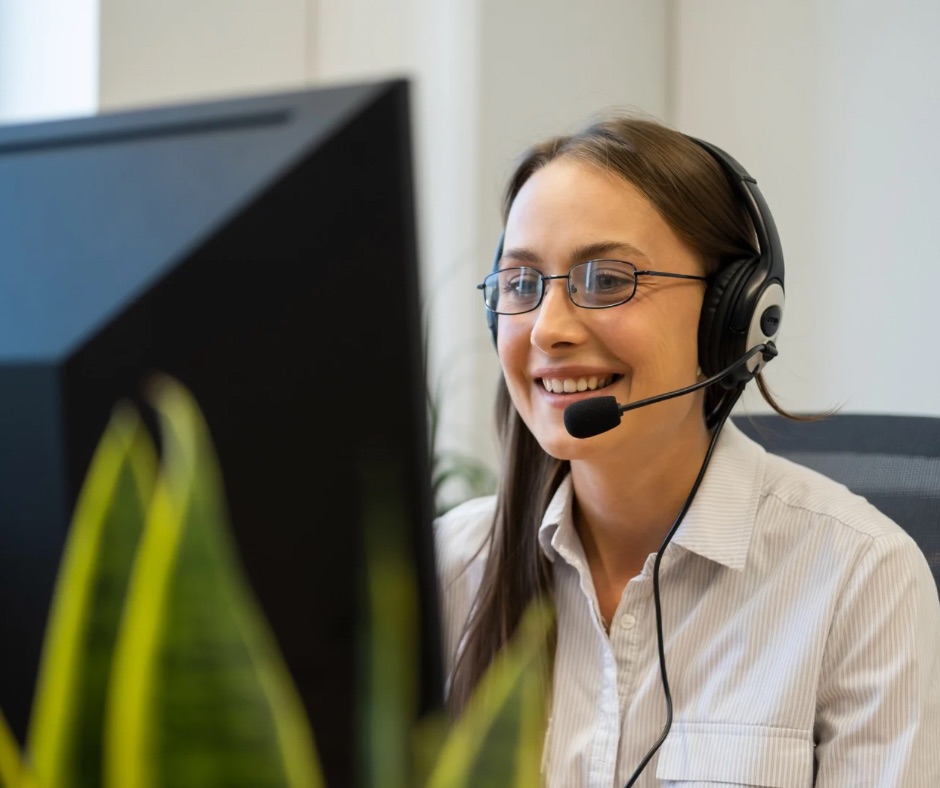 Customer service person helping a customer on the phone while looking at their computer screen.