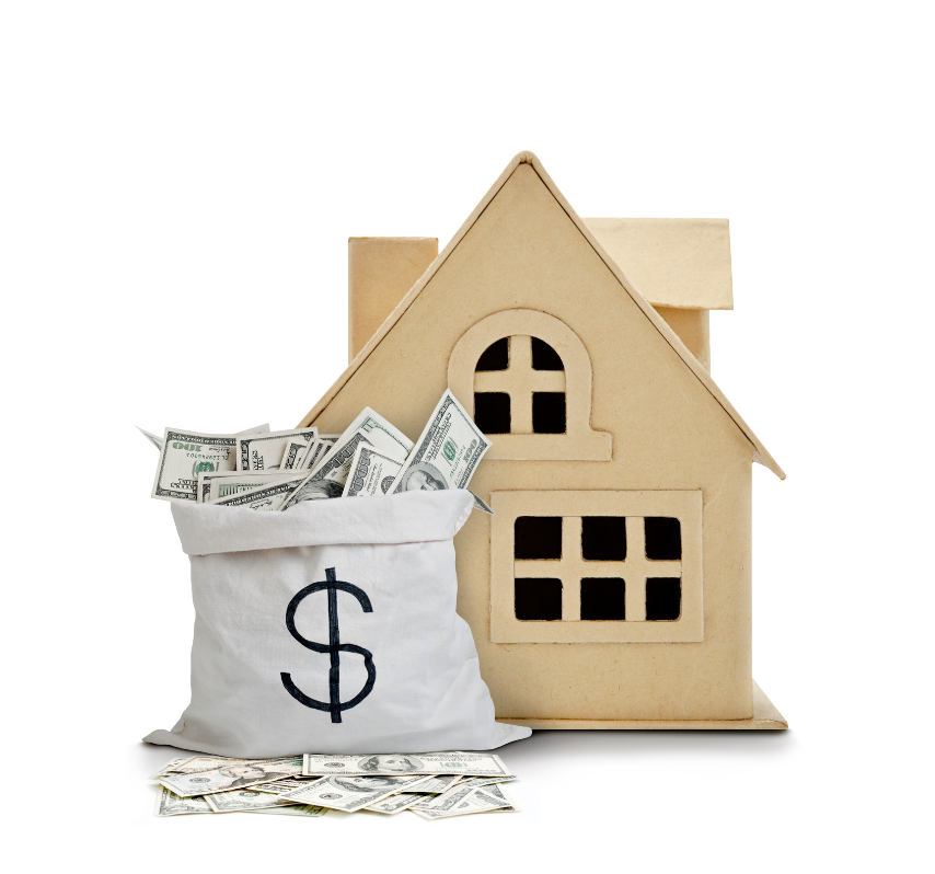 A bag of money filled with dollar bills placed beside a model house, representing the idea of making money from your home.