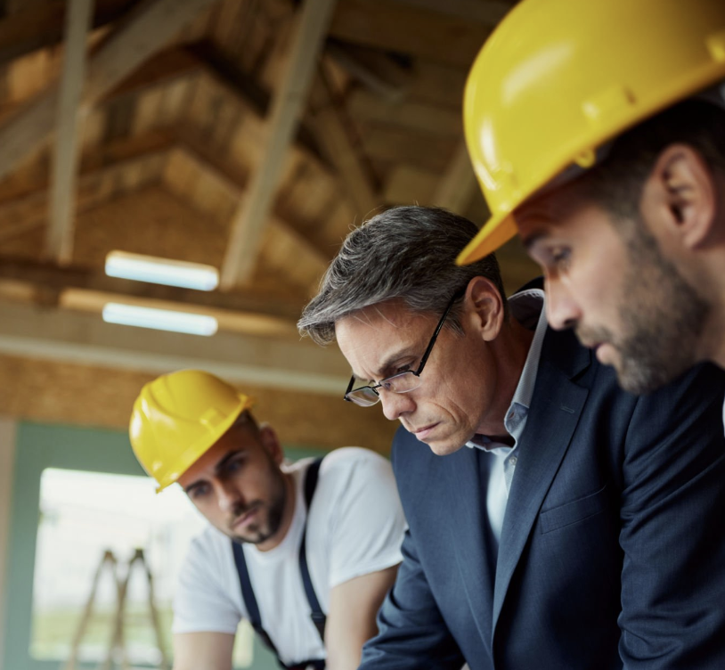 Property developer and two construction workers, all wearing yellow hard hats, closely examining building plans inside a wooden structure.