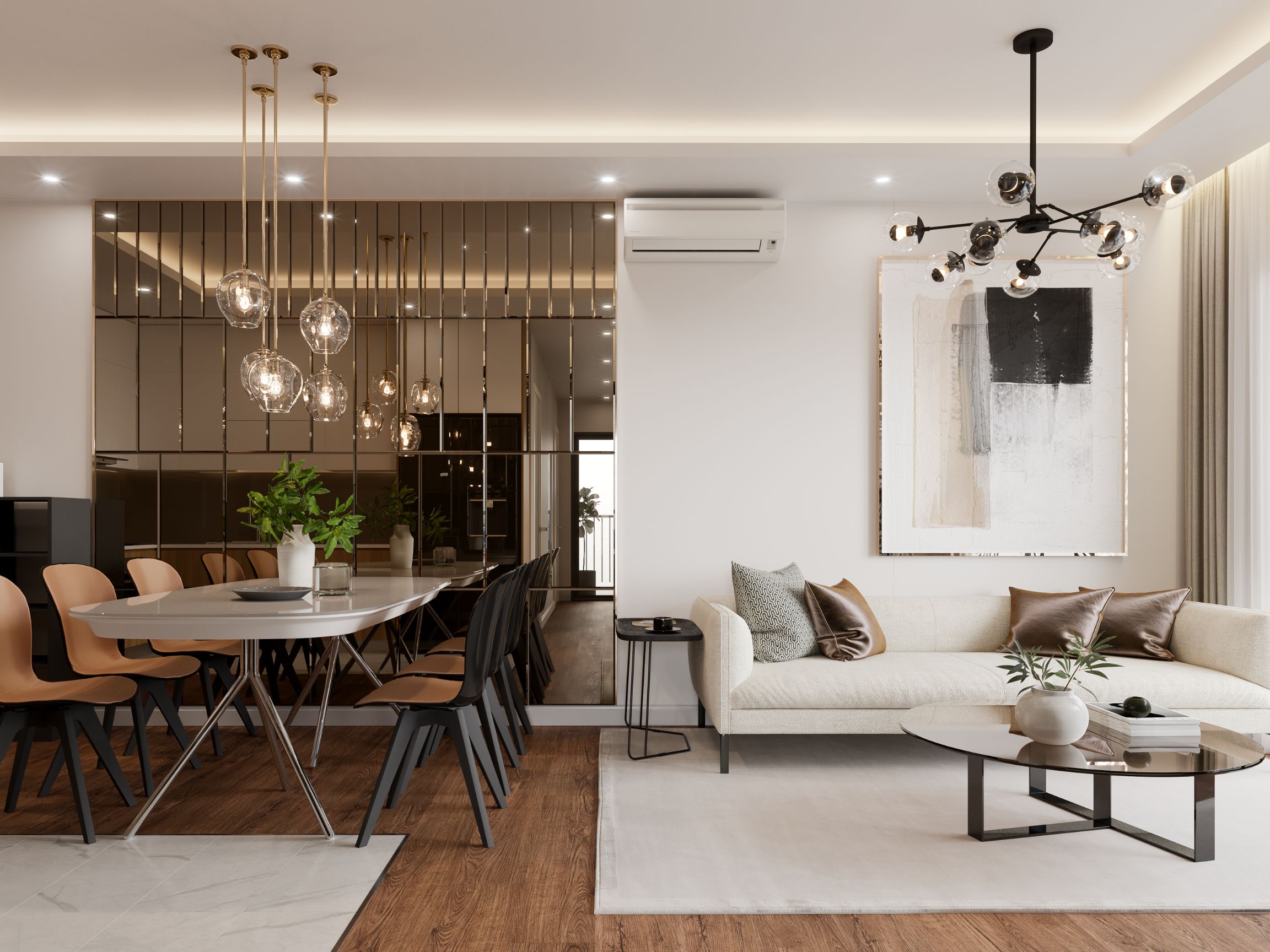 Modern living and dining area with elegant decor, featuring a large dining table with chairs, pendant lighting, and a cozy sofa with pillows.